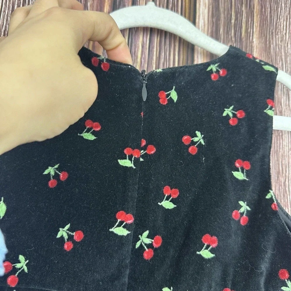 Vintage Baby Girl Cherry Print Dress Velvet Black‎ Size 24 Months